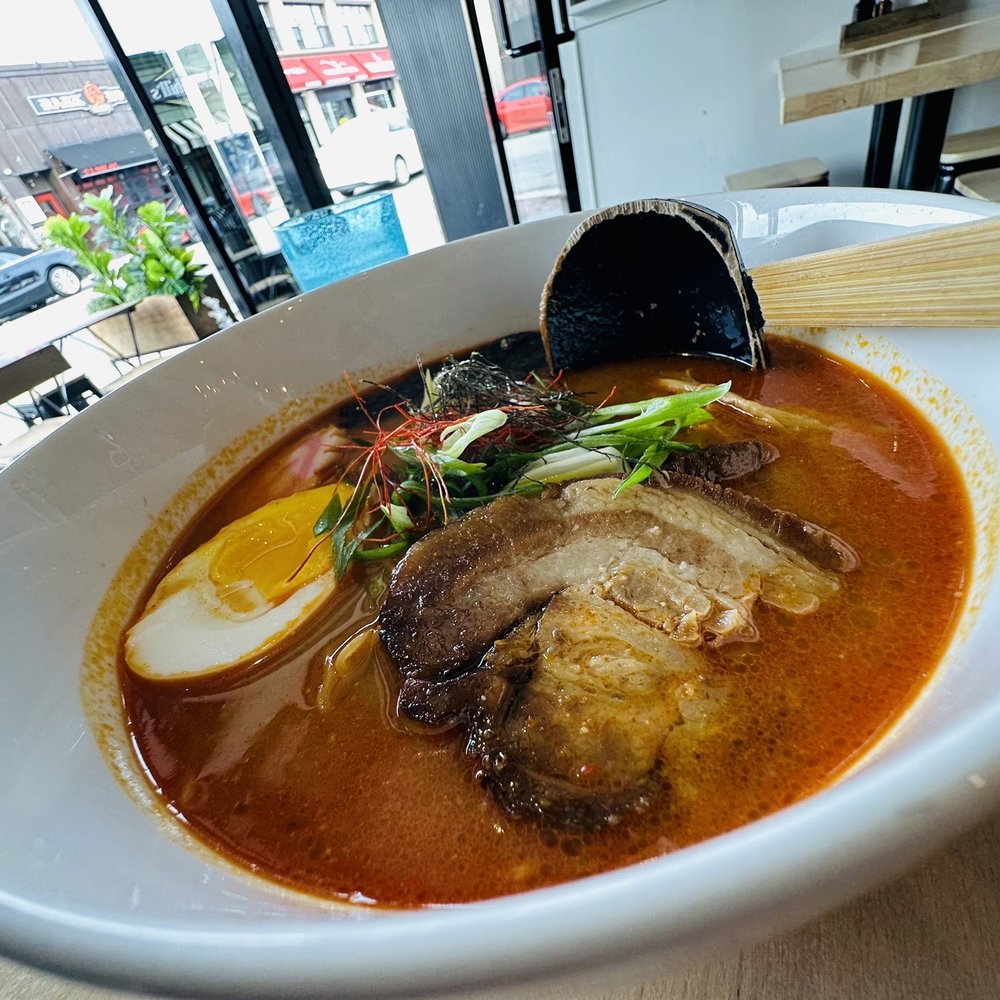 Spicy Miso Ramen - delicious broth, perfectly cooked noodles, and not to spicy. If you're looking for heat you'll want to add some.