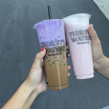 Thirsty Waters - Left: Vietnamese coffee with ube foam right: strawberry drink - Bubble Tea Near Me - Rowland Heights, California