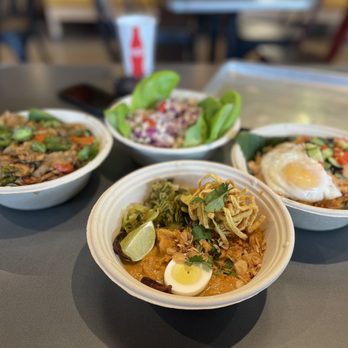 Crushcraft Thai Eats - Our 3 dishes and appetizer  Yum Gai Chicken Lettuce Wraps,  Phat Ke Mao Drunken Noodles, Khao Phat Thai Fried Rice, Khao Soi - Thai Near Me - Dallas, Texas