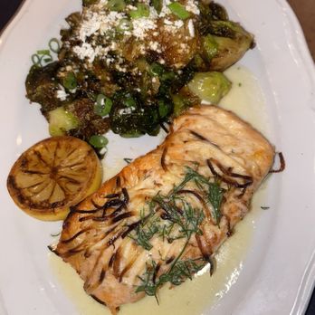Moonshine Grill - Salmon and Brussels sprouts - Southern Near Me - Austin, Texas Moonshine Grill - Salmon and Brussels sprouts - Southern Near Me - Austin, Texas