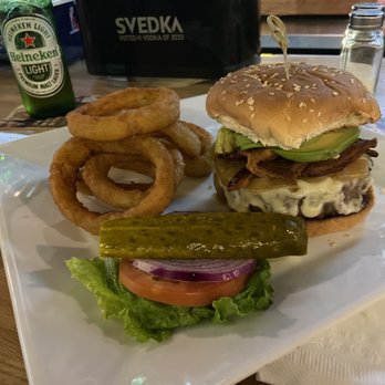 Village Saloon - bacon avocado burger with onion rings - Sports Wear Near Me - Queens, New York