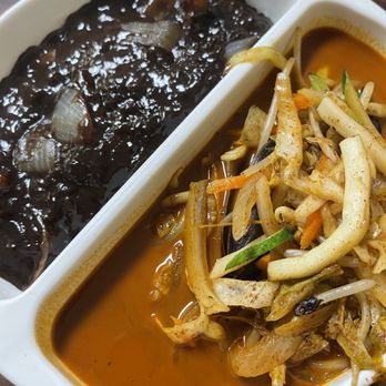 Hyang Mi Dumpling House - #16 (half and half) - black soybean noodle and spicy seafood noodle soup - Korean Near Me - Lynnwood, Washington