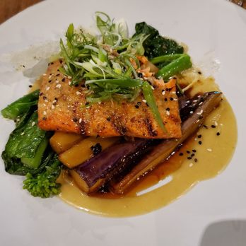 Showcase Restaurant & Bar - Miso Glazed Salmon with Eggplant, Gai Lan. - Seafood Near Me - Vancouver, British Columbia Showcase Restaurant & Bar - Miso Glazed Salmon with Eggplant, Gai Lan. - Seafood Near Me - Vancouver, British Columbia