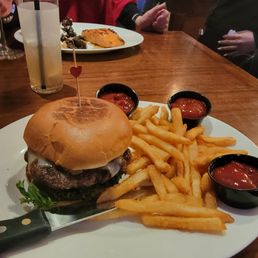 Was in the mood for a burger which was delicious. She had the honey glazed salmon. Which she loved.