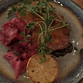 Molotov Kitschen and Cocktails - Celeriac and fennel schnitzel with pickled cabbage - delicious!! - Modern European Near Me - Denver, Colorado