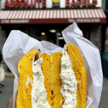 Absolute Bagels - Egg Bagel w/ Jalapeño spread - Bakeries Near Me - New York, New York