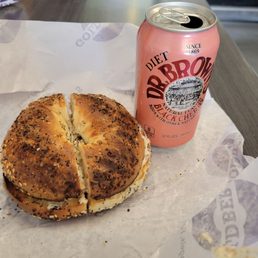 Everything bagel, bacon cream cheese and a diet black cherry Everything bagel, bacon cream cheese and a diet black cherry