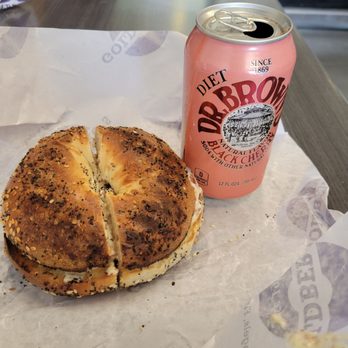 Goldberg's Famous Bagels - Everything bagel, bacon cream cheese and a diet black cherry - Bagels Near Me - Southampton, New York Goldberg's Famous Bagels - Everything bagel, bacon cream cheese and a diet black cherry - Bagels Near Me - Southampton, New York