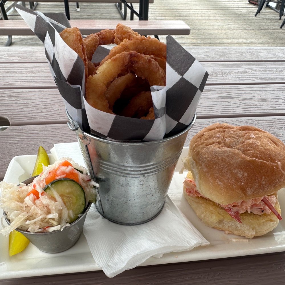 Perry's Lobster Shack - Lobster roll dinner - substituted onion rings for the chips. - Seafood Near Me - Surry, Maine Perry's Lobster Shack - Lobster roll dinner - substituted onion rings for the chips. - Seafood Near Me - Surry, Maine