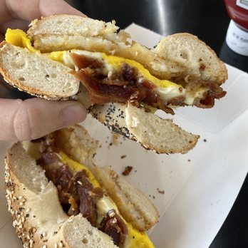 Boca Bagel Bar - Our Famous Hobo - Everything bagel, Bacon, Egg, and Hashbrown - Bagels Near Me - Boca Raton, Florida