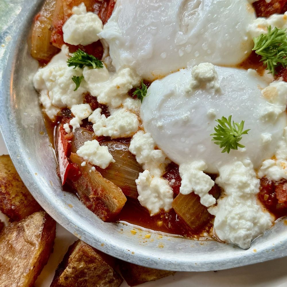 Cypress - Shakshouka with toasted pita, potatoes and added some feta for some extra yumminess... - Mediterranean Near Me - McMinnville, Oregon