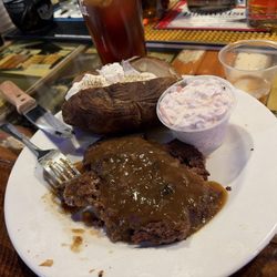 Call Family Distillers - Hamburger steak with coleslaw, jacket potato and mushroom gravy