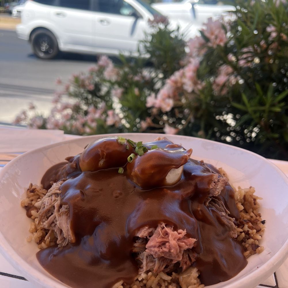 Kihei Caffe - Loco Moco - but with a view of the bustling streets of Kihei - Hawaiian Near Me - Kihei, Hawaii