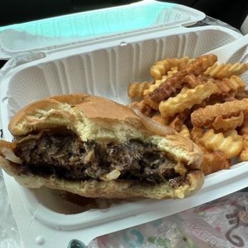 Legacy Grindz - Thick Teri burger with cheese, mayo and grilled onions, side order of fries - Food Trucks Near Me - Kapolei, Hawaii