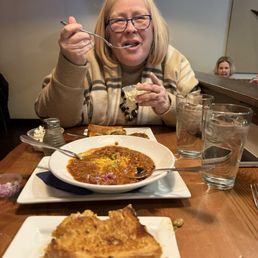 Patty melt, and a bowl of chili