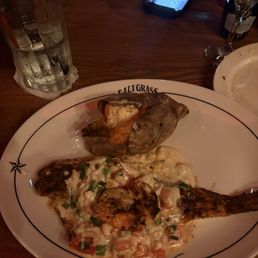The grill Salmon w shrimp and incredible sauce / sweet potato!