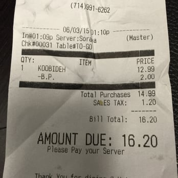 Hatam Restaurant - Since when does $12.99+$2.00+$1.20=$16.20? It's only a penny but shady businesses with practices like this lose my business. - Persian/Iranian Near Me - Anaheim, California Hatam Restaurant - Since when does $12.99+$2.00+$1.20=$16.20? It's only a penny but shady businesses with practices like this lose my business. - Persian/Iranian Near Me - Anaheim, California