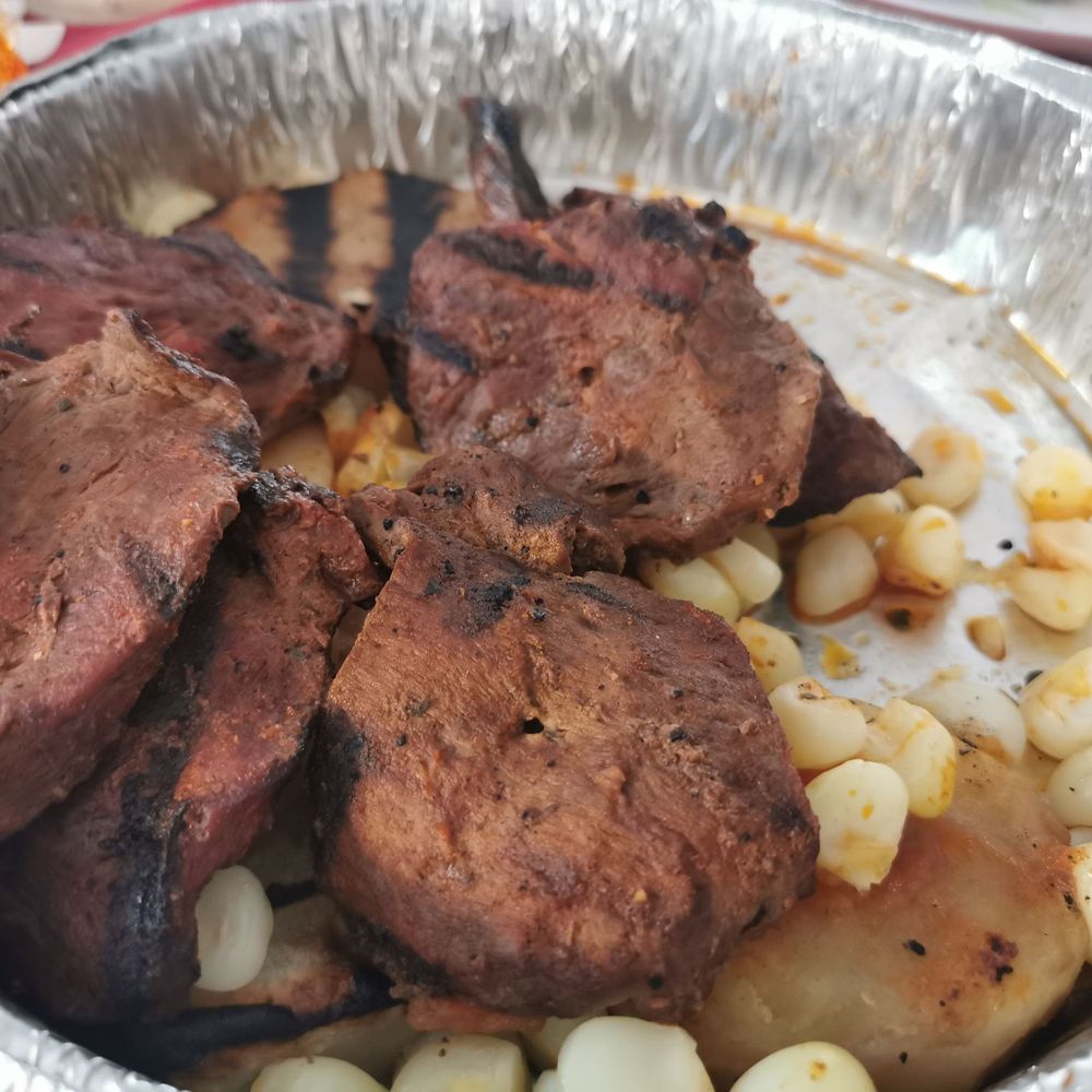 Pio Pio - Beef heart skewers (nicely flavored) with thick sliced potatoes and giant corns - Latin American Near Me - Glen Cove, New York