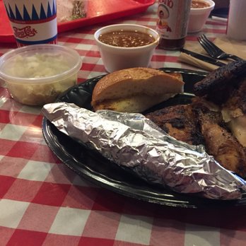 Marshall's Bodacious Bbq - Half chicken plate with beans, potato salad, bread and a hot link wrapped in foil. - Barbeque Near Me - Ventura, California Marshall's Bodacious Bbq - Half chicken plate with beans, potato salad, bread and a hot link wrapped in foil. - Barbeque Near Me - Ventura, California