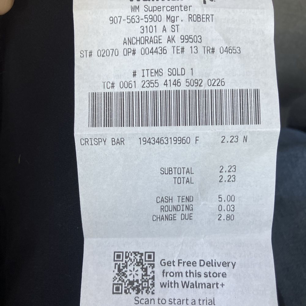 Walmart Supercenter - Receipt for CRISPY BAR - Department Stores Near Me - Anchorage, Alaska Walmart Supercenter - Receipt for CRISPY BAR - Department Stores Near Me - Anchorage, Alaska