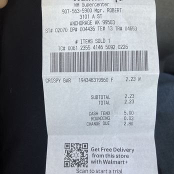 Walmart Supercenter - Receipt for CRISPY BAR - Department Stores Near Me - Anchorage, Alaska Walmart Supercenter - Receipt for CRISPY BAR - Department Stores Near Me - Anchorage, Alaska