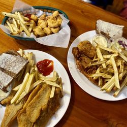 Friday fish plates (fries were halfed/redistributed off the perch plate to the popcorn chicken by us)