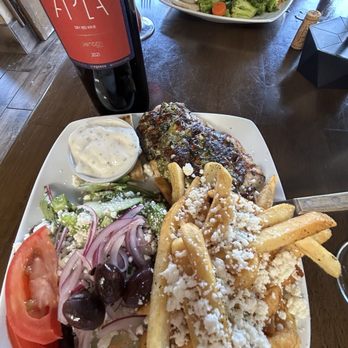 Georges Greek On Second - Chicken spinachi with feta fries and a salad. My fave. - Greek Near Me - Long Beach, California