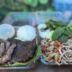 Cambodian Street Food - Steak (medium) and prohok, and bok lahong (papaya salad)