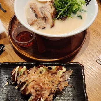 Onoya Ramen - Tokotsu Tan Tan Men (chili oil on the side) and Takoyaki (appetizer) - Ramen Near Me - Honolulu, Hawaii Onoya Ramen - Tokotsu Tan Tan Men (chili oil on the side) and Takoyaki (appetizer) - Ramen Near Me - Honolulu, Hawaii