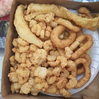 Mayflower Seafood Restaurant - Their Choose 2 combo meal..... whiting with popcorn shrimp, hushpuppies, and the fries are under the pile of food. - Seafood Near Me - Danville, Virginia