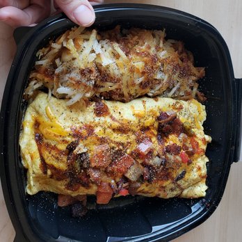 Opportunity Kitchen - $6 Three egg omelet with Hashbrowns. Bacon, sausage, mushroom, tomatoes, green onion, jalapeños, and cheddar cheese. Extremely well done! - Coffee & Tea Near Me - Richland, Washington