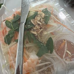 Papaya salad, again no spice what so ever. To top it off the sauce is a sticky sweet sauce.