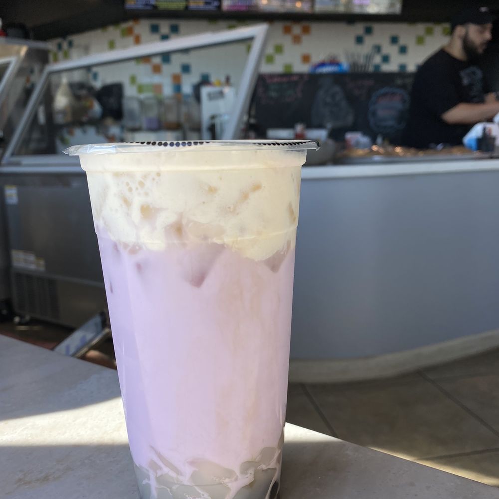 Quickly Boba N Snow - Taro Milk Tea with Cheese Mousse, Boba and Lychee Jellies - Bubble Tea Near Me - Orlando, Florida Quickly Boba N Snow - Taro Milk Tea with Cheese Mousse, Boba and Lychee Jellies - Bubble Tea Near Me - Orlando, Florida