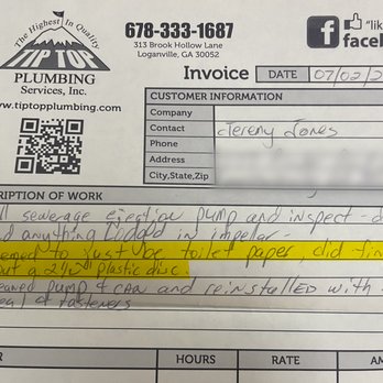 Arrowhead Plumbing - Receipt stating that only toilet paper (NO SANITARY WIPES) were found in the tank. - Plumbing Near Me - Lawrenceville, Georgia Arrowhead Plumbing - Receipt stating that only toilet paper (NO SANITARY WIPES) were found in the tank. - Plumbing Near Me - Lawrenceville, Georgia