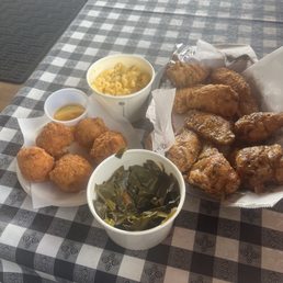 Collards, hush puppies, chicken and mac n cheese Collards, hush puppies, chicken and mac n cheese