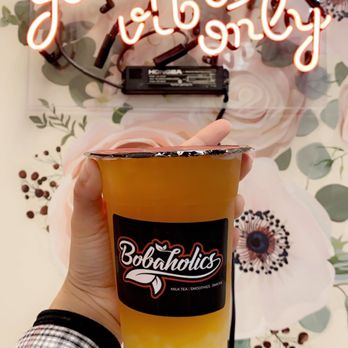 Bobaholics - "Compassion" fruit tea with lychee jelly - basically a combination of peach, passion fruit, and mango fruit tea! - Bubble Tea Near Me - San Jose, California Bobaholics - "Compassion" fruit tea with lychee jelly - basically a combination of peach, passion fruit, and mango fruit tea! - Bubble Tea Near Me - San Jose, California