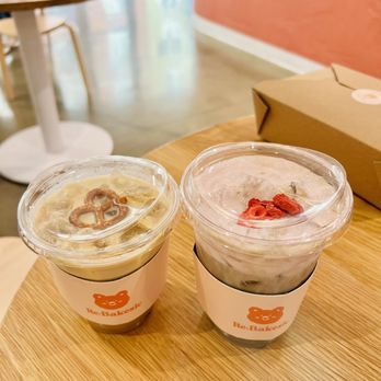 Re Bakesic - Iced Butterscotch Latte (left) & Strawberry Cream Hojicha (rt) - Bakeries Near Me - Alhambra, California Re Bakesic - Iced Butterscotch Latte (left) & Strawberry Cream Hojicha (rt) - Bakeries Near Me - Alhambra, California
