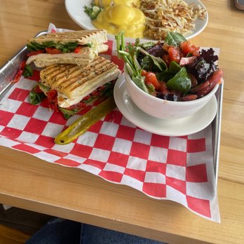 Jam + Toast - Pesto Chicken Panini with salad & egg...good lunch options! - Breakfast & Brunch Near Me - Irving, Texas