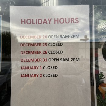 The UPS Store - Business hours (holidays) - A printed sign shows holiday hours and closures, indicating open times on December 24 and 31, and closed dates on December 25-26 and January 1-2. - Shipping Centers Near Me - Arcadia, California