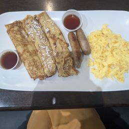 Crepes, sausage, eggs, syrup, ~13$ Crepes, sausage, eggs, syrup, ~13$