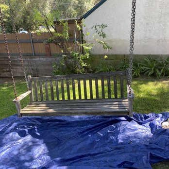 Señor Teak - Our sad tree swing BEFORE- moldy, bird poop, rough, and grey colored. - Refinishing Services Near Me