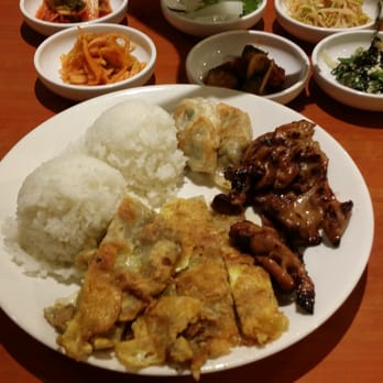 Choi's Garden - Lunch menu two scoops of rice, grilled chicken, and meat jun - Korean Near Me - Honolulu, Hawaii