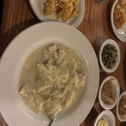 Cracker Barrel Old Country Store - Chicken and dumplings with cinnamon apples, hash brown casserole and green beans