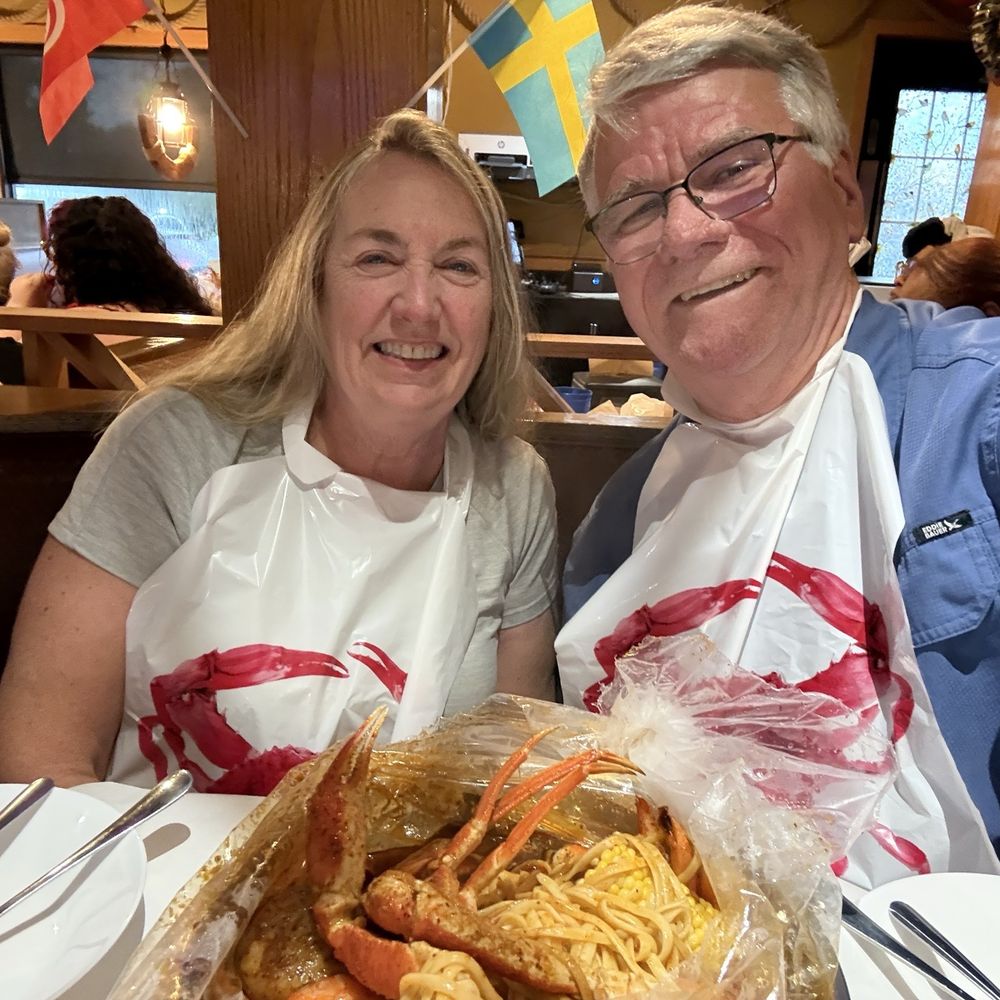 Our shrimp and crab boil with noodles, corn, and potatoes in Cajun butter sauce - yummy!