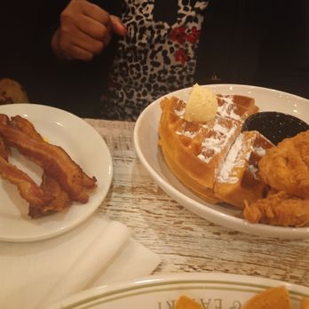 Frog & the Hen - Chicken and waffles with a side of crispy bacon - Southern Near Me - Augusta, Georgia Frog & the Hen - Chicken and waffles with a side of crispy bacon - Southern Near Me - Augusta, Georgia