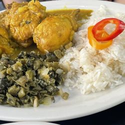 Jamaican Chicken Curry with Jamaica White Rice and Callaloo