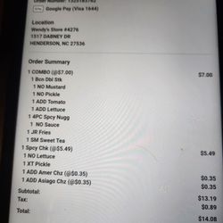 Wendy's - Receipt shows the order.