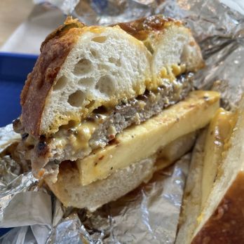 The Bagel Shop - Sausage, egg & cheese sandwich on a jalapeño cheddar bagel - Bagels Near Me - Little Rock, Arkansas The Bagel Shop - Sausage, egg & cheese sandwich on a jalapeño cheddar bagel - Bagels Near Me - Little Rock, Arkansas