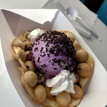 Mochi Cafe - Ube Bliss Bubble Waffle (Waffle + Ube ice cream, condensed milk, chocolate sprinkles, whipped cream) - Ice Cream & Frozen Yogurt Near Me - Jacksonville, Florida