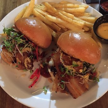 The Craft House - Pork belly sliders with "home fried potatoes" aka french fries. Definitely try that sriracha aioli sauce though. - Gastropubs Near Me - Clovis, California
